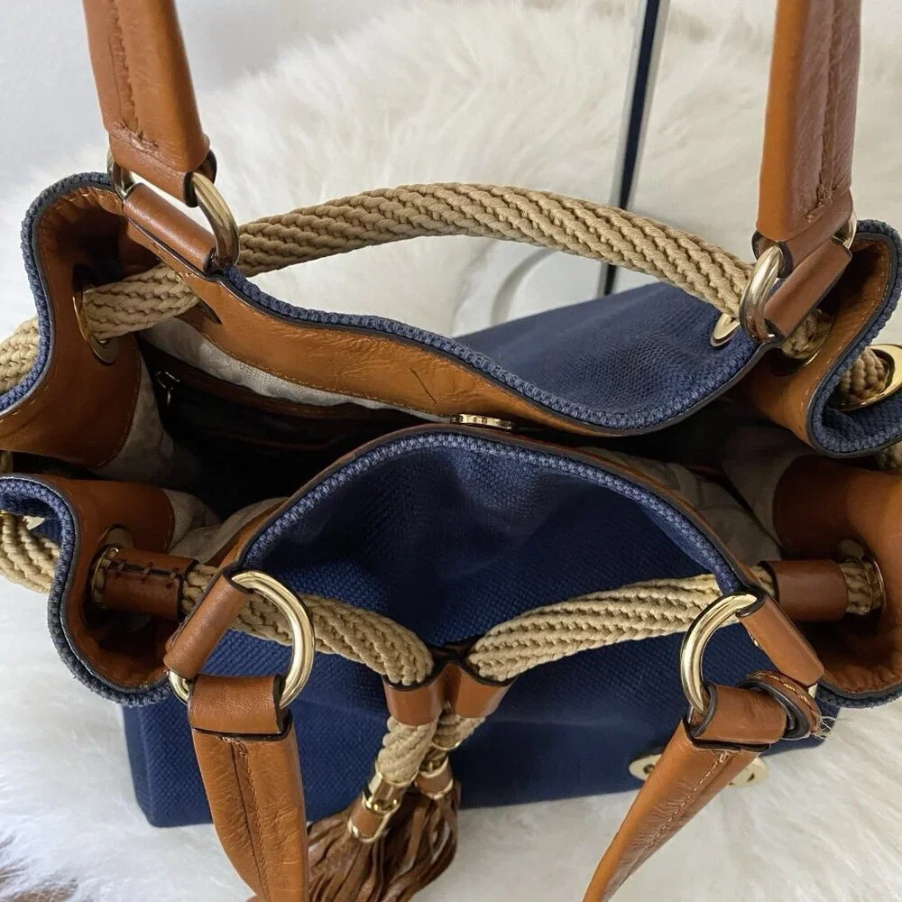 Michael Kors Marina Purse Navy Blue Canvas Brown Leather Tote Bag Bucket Bag